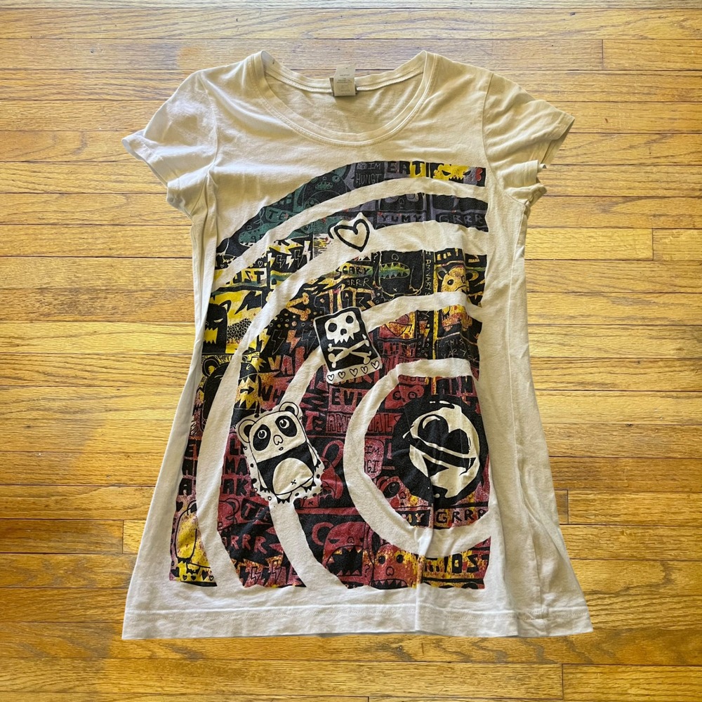 Lost Enterprises Y2K Graphic Tee White Panda Skull Comic Print T-Shirt Medium